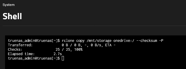 Terminal do truenas executando o comando rclone copy